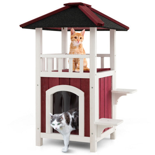 2-Story Wooden Cat House with Asphalt Roof Balcony and Rain Curtain-Red & White LuxuryLifeWay Online Store