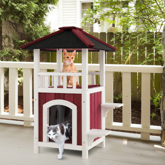 2-Story Wooden Cat House with Asphalt Roof Balcony and Rain Curtain-Red & White LuxuryLifeWay Online Store