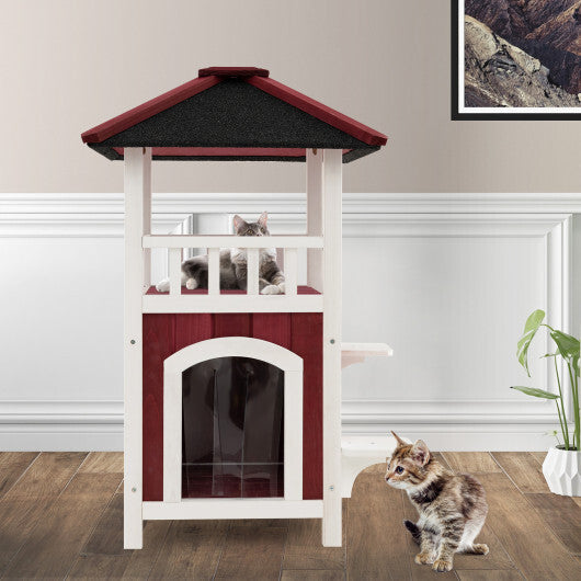 2-Story Wooden Cat House with Asphalt Roof Balcony and Rain Curtain-Red & White LuxuryLifeWay Online Store