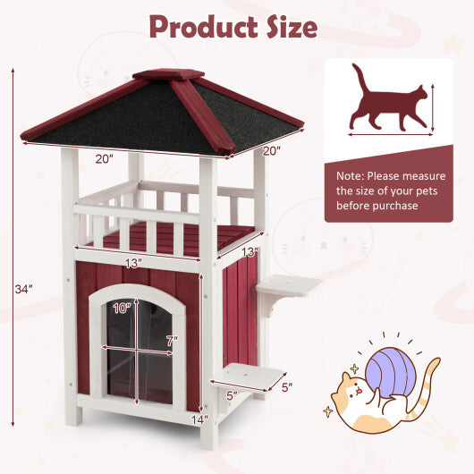 2-Story Wooden Cat House with Asphalt Roof Balcony and Rain Curtain-Red & White LuxuryLifeWay Online Store