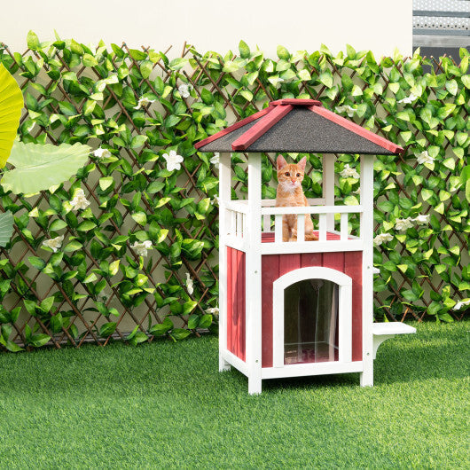 2-Story Wooden Cat House with Asphalt Roof Balcony and Rain Curtain-Red & White LuxuryLifeWay Online Store