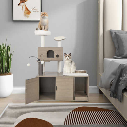 2-in-1 Modern Cat Tower with Litter Box Enclosure for Indoor Cars-Gray LuxuryLifeWay Online Store