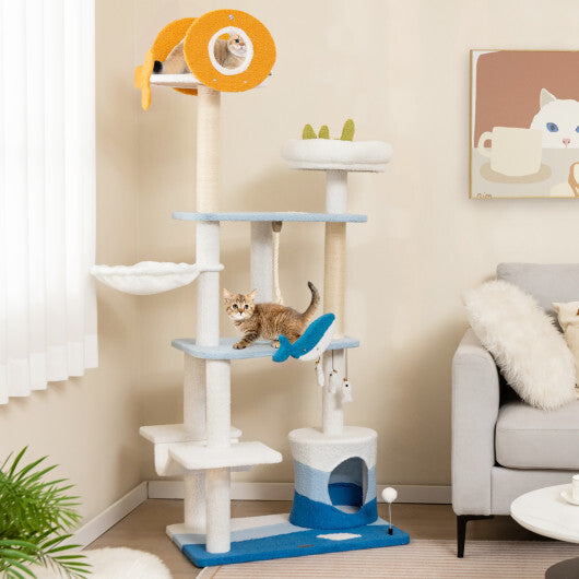 Multi-level Ocean-themed Cat Tree Tower with Sisal Covered Scratching Posts-Blue LuxuryLifeWay Online Store