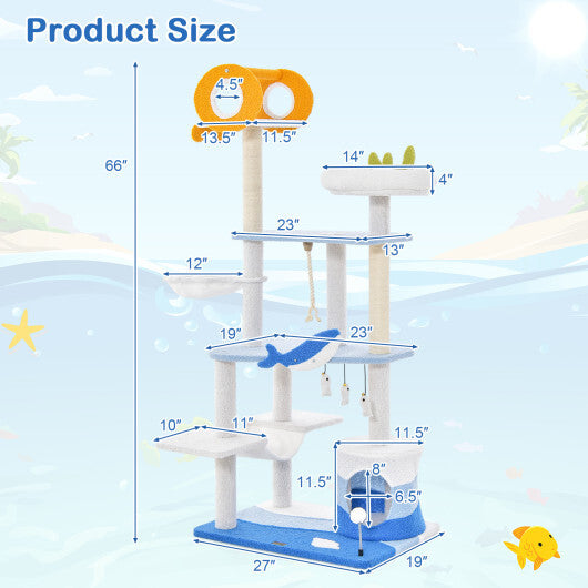 Multi-level Ocean-themed Cat Tree Tower with Sisal Covered Scratching Posts-Blue LuxuryLifeWay Online Store