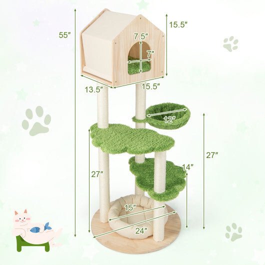 55 Inch Tall Cat Climbing Stand with Sisal Scratching Posts and Soft Cat Bed for Indoor Kittens-Green LuxuryLifeWay Online Store