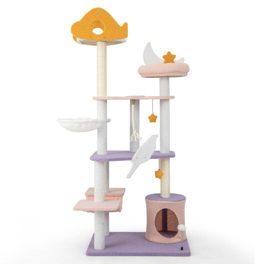 66 Inch Cute Cat Tree Cats Multi-level Tall Cat Tower with Sisal Covered Scratching Posts-Purple LuxuryLifeWay Online Store