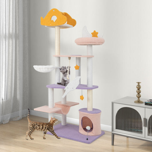66 Inch Cute Cat Tree Cats Multi-level Tall Cat Tower with Sisal Covered Scratching Posts-Purple LuxuryLifeWay Online Store