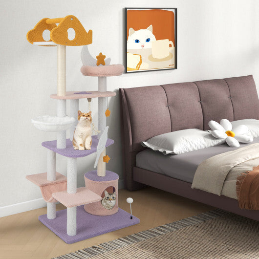 66 Inch Cute Cat Tree Cats Multi-level Tall Cat Tower with Sisal Covered Scratching Posts-Purple LuxuryLifeWay Online Store