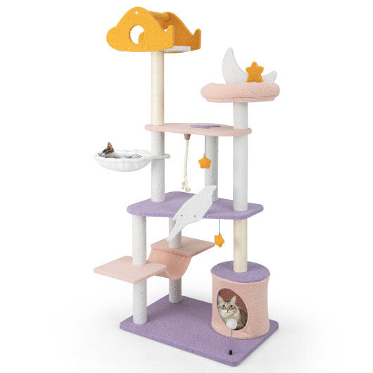 66 Inch Cute Cat Tree Cats Multi-level Tall Cat Tower with Sisal Covered Scratching Posts-Purple LuxuryLifeWay Online Store