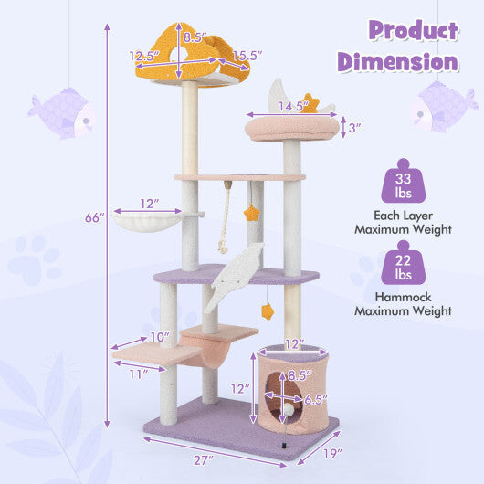 66 Inch Cute Cat Tree Cats Multi-level Tall Cat Tower with Sisal Covered Scratching Posts-Purple LuxuryLifeWay Online Store