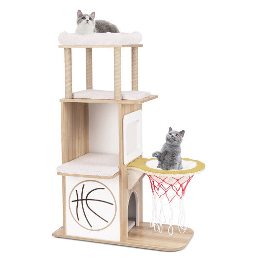 47 Inches Wooden Cat Tree with 2-Story Cat Condo and Basketball Hoop Hammock-Natural LuxuryLifeWay Online Store