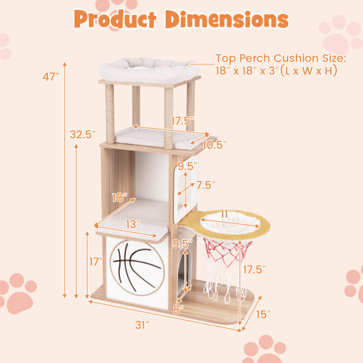 47 Inches Wooden Cat Tree with 2-Story Cat Condo and Basketball Hoop Hammock-Natural LuxuryLifeWay Online Store