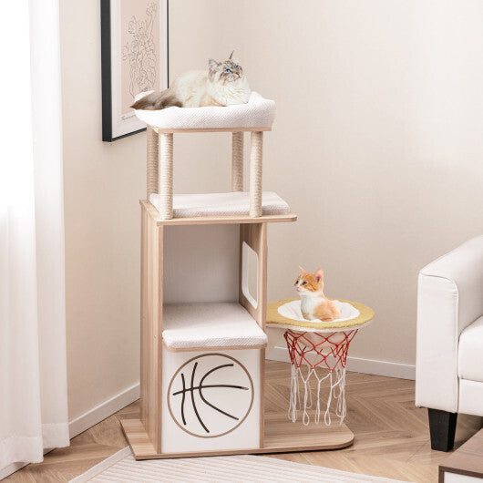 47 Inches Wooden Cat Tree with 2-Story Cat Condo and Basketball Hoop Hammock-Natural LuxuryLifeWay Online Store