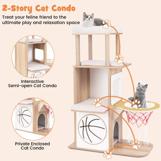 47 Inches Wooden Cat Tree with 2-Story Cat Condo and Basketball Hoop Hammock-Natural LuxuryLifeWay Online Store