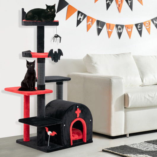 Gothic Cat Tree 53 Inch Tall Cat Tower with Cat Bed and Arch-Shaped Condo-Black LuxuryLifeWay Online Store