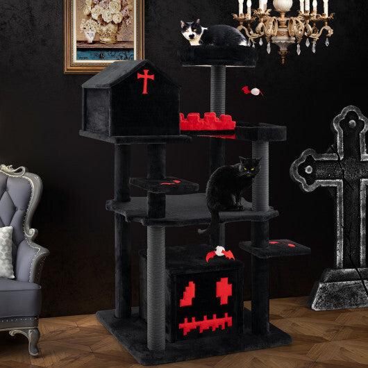 Gothic Cat Tree 49 Inch Tall Cat Tower 6-Tier Cat Activity Center with Coffin Bed-Black - Color: Black LuxuryLifeWay Online Store