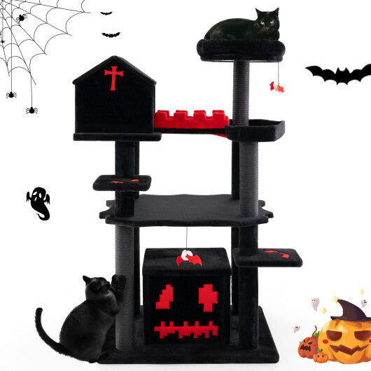 Gothic Cat Tree 49 Inch Tall Cat Tower 6-Tier Cat Activity Center with Coffin Bed-Black - Color: Black LuxuryLifeWay Online Store