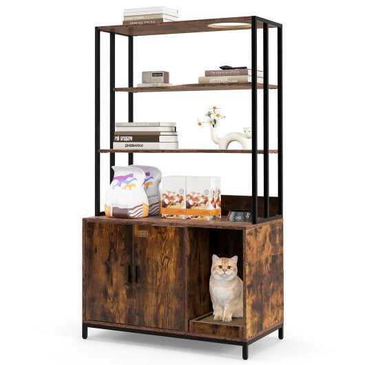 Cat Litter Box Enclosure with Storage and 3-tier Shelves-Rustic Brown LuxuryLifeWay Online Store