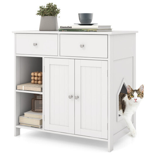 Hidden Cat Washroom Side Cabinet Wooden Pet House with 2 Drawers-White LuxuryLifeWay Online Store