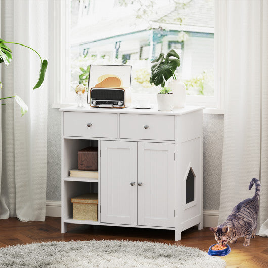 Hidden Cat Washroom Side Cabinet Wooden Pet House with 2 Drawers-White LuxuryLifeWay Online Store