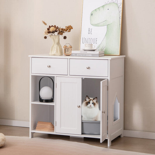 Hidden Cat Washroom Side Cabinet Wooden Pet House with 2 Drawers-White LuxuryLifeWay Online Store