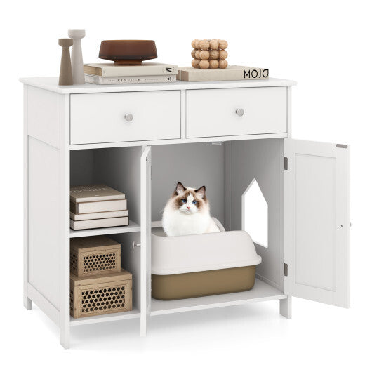 Hidden Cat Washroom Side Cabinet Wooden Pet House with 2 Drawers-White LuxuryLifeWay Online Store