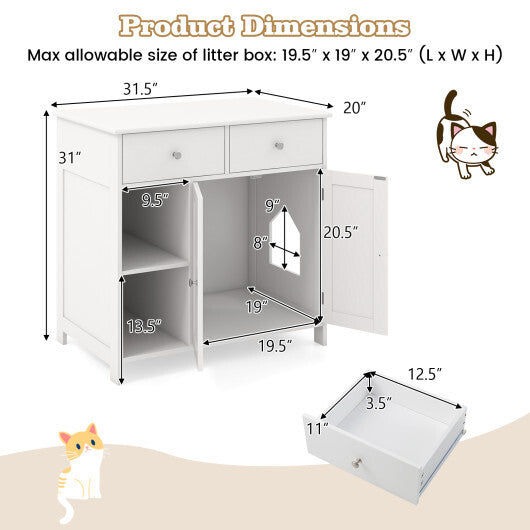 Hidden Cat Washroom Side Cabinet Wooden Pet House with 2 Drawers-White LuxuryLifeWay Online Store