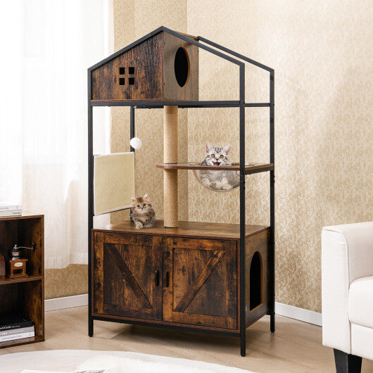 Cat Tree with Litter Box Enclosure Industrial Cat Tower Multi-level Cat Condo Furniture for Indoor Cats-Rustic Brown LuxuryLifeWay Online Store