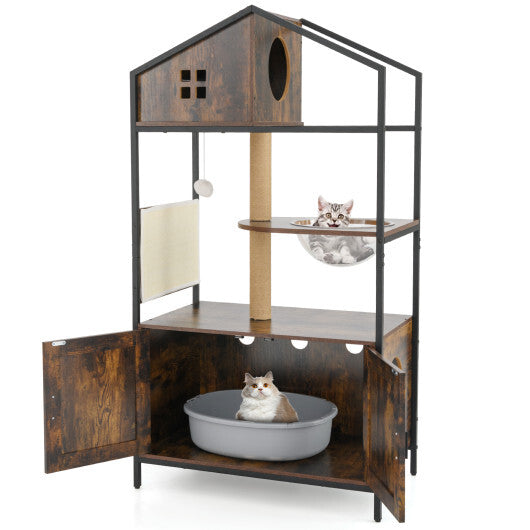 Cat Tree with Litter Box Enclosure Industrial Cat Tower Multi-level Cat Condo Furniture for Indoor Cats-Rustic Brown LuxuryLifeWay Online Store