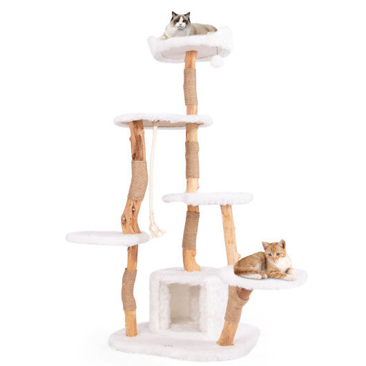 66 Inch Tall Solid Wood Cat Tree Modern Wooden Cat Tower with Perch-White LuxuryLifeWay Online Store
