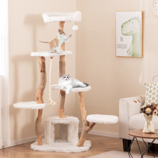 66 Inch Tall Solid Wood Cat Tree Modern Wooden Cat Tower with Perch-White LuxuryLifeWay Online Store