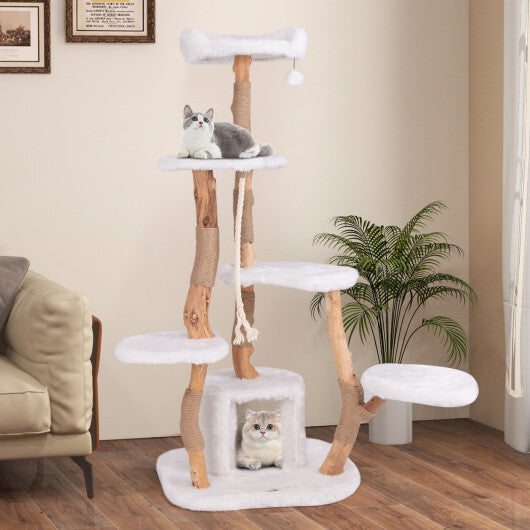 66 Inch Tall Solid Wood Cat Tree Modern Wooden Cat Tower with Perch-White LuxuryLifeWay Online Store