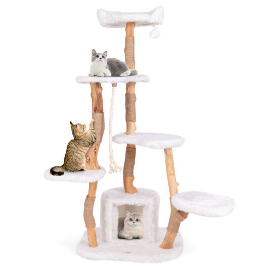 66 Inch Tall Solid Wood Cat Tree Modern Wooden Cat Tower with Perch-White LuxuryLifeWay Online Store