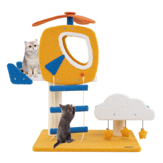 Indoor Small Aviation-themed Cat Tree Cat Tower with Helicopter Top Perch-Yellow LuxuryLifeWay Online Store
