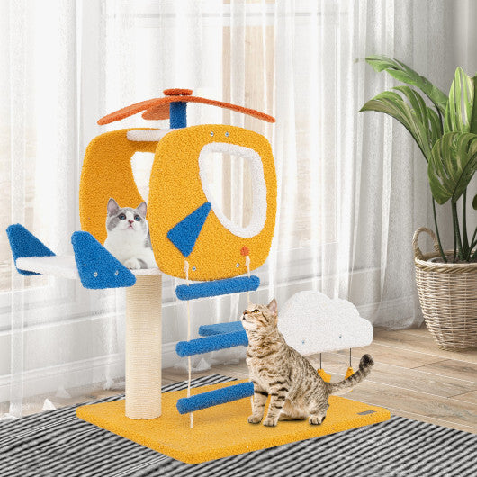 Indoor Small Aviation-themed Cat Tree Cat Tower with Helicopter Top Perch-Yellow LuxuryLifeWay Online Store