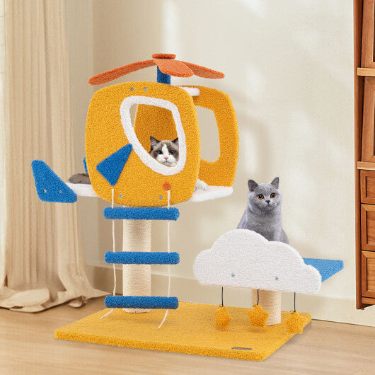 Indoor Small Aviation-themed Cat Tree Cat Tower with Helicopter Top Perch-Yellow LuxuryLifeWay Online Store