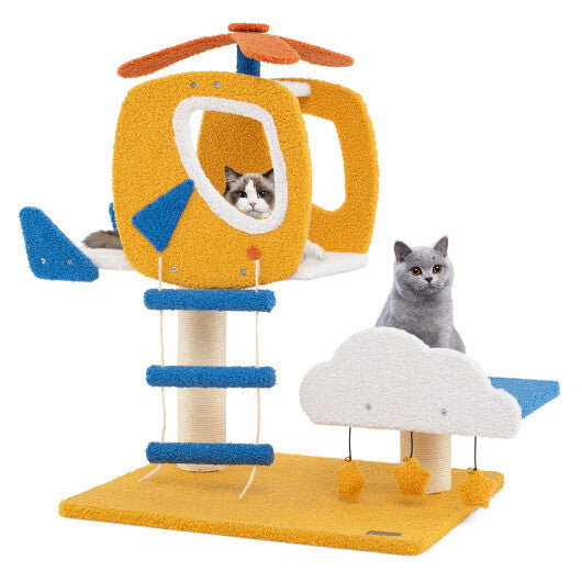 Indoor Small Aviation-themed Cat Tree Cat Tower with Helicopter Top Perch-Yellow LuxuryLifeWay Online Store