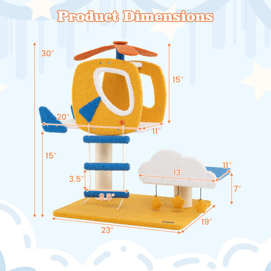 Indoor Small Aviation-themed Cat Tree Cat Tower with Helicopter Top Perch-Yellow LuxuryLifeWay Online Store