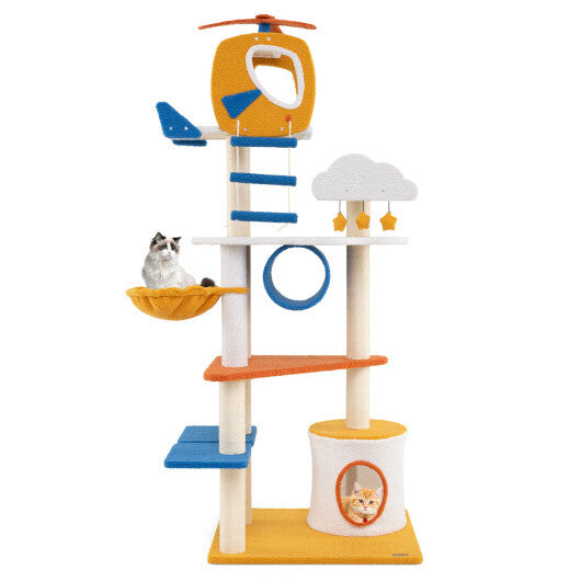 70 Inch Tall Aviation-themed Cat Tree with Helicopter Top Perch and Platforms-Yellow LuxuryLifeWay Online Store
