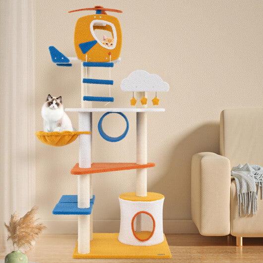70 Inch Tall Aviation-themed Cat Tree with Helicopter Top Perch and Platforms-Yellow LuxuryLifeWay Online Store