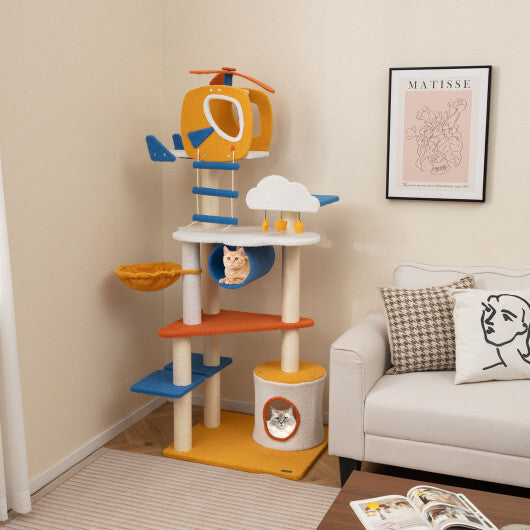 70 Inch Tall Aviation-themed Cat Tree with Helicopter Top Perch and Platforms-Yellow LuxuryLifeWay Online Store