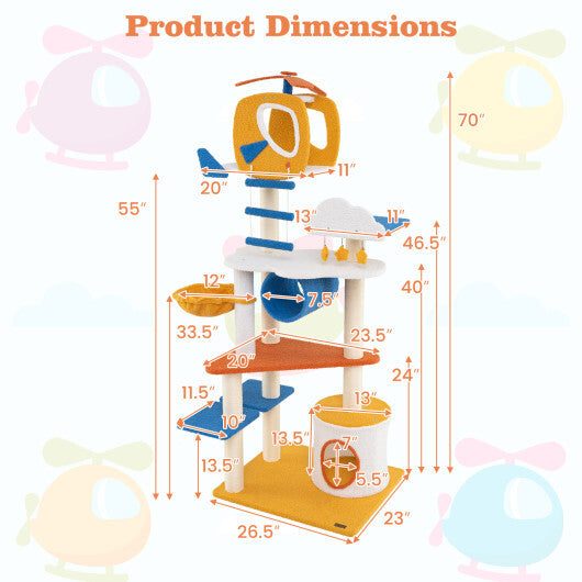 70 Inch Tall Aviation-themed Cat Tree with Helicopter Top Perch and Platforms-Yellow LuxuryLifeWay Online Store