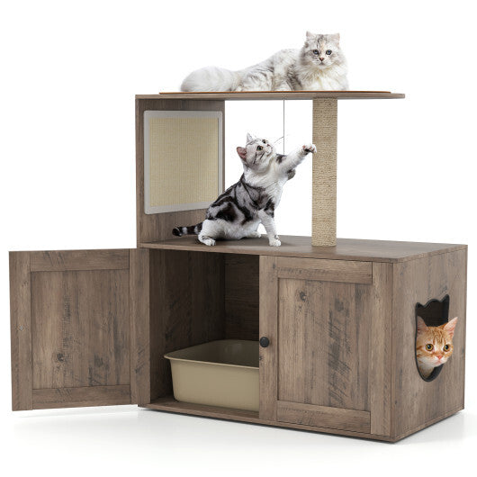 34.5 Inch Cat Tree with Litter Box Enclosure with Sisal Scratching Post and Mat-Gray LuxuryLifeWay Online Store