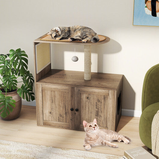 34.5 Inch Cat Tree with Litter Box Enclosure with Sisal Scratching Post and Mat-Gray LuxuryLifeWay Online Store