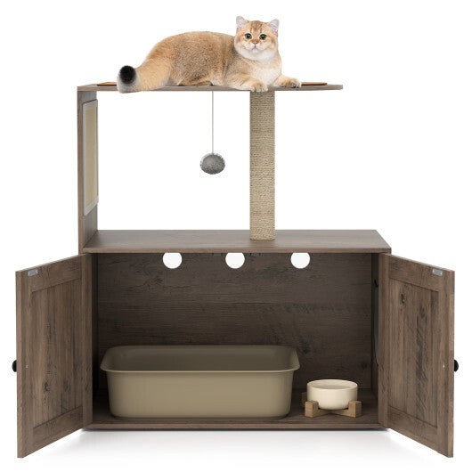 34.5 Inch Cat Tree with Litter Box Enclosure with Sisal Scratching Post and Mat-Gray LuxuryLifeWay Online Store