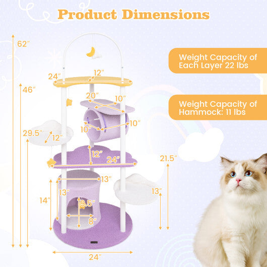 62 Inches Large Cat Tower with Metal Frame and Jumping Platforms-Purple LuxuryLifeWay Online Store