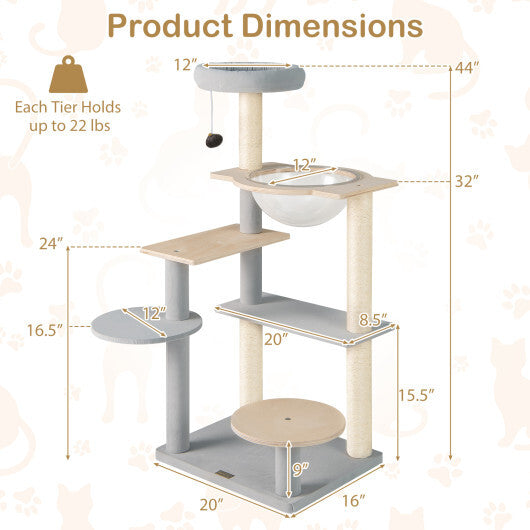 Modern Cat Tree 44 Inch Multi-level Cat Tower with Removable Padded Top Perch-Natural LuxuryLifeWay Online Store