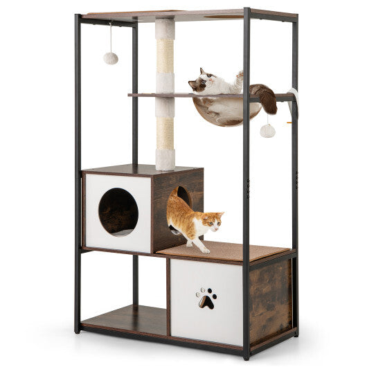 52 Inch Tall Wooden Cat Tree Metal Frame with 2 Condos and Cushions-Coffee LuxuryLifeWay Online Store