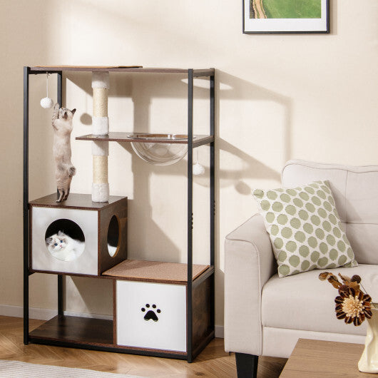 52 Inch Tall Wooden Cat Tree Metal Frame with 2 Condos and Cushions-Coffee LuxuryLifeWay Online Store