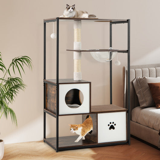 52 Inch Tall Wooden Cat Tree Metal Frame with 2 Condos and Cushions-Coffee LuxuryLifeWay Online Store